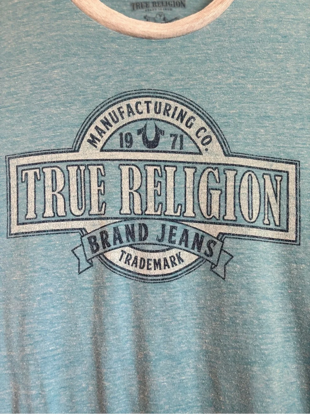 True Religion Teal Logo Crewneck Ringer Tee